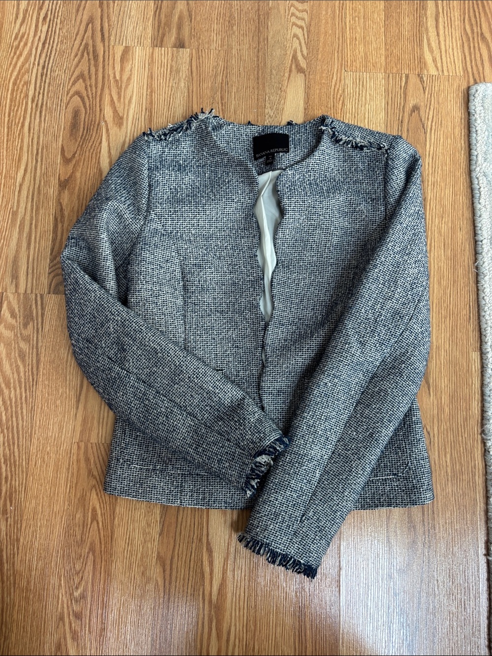 Banana Republic Blue and Gray/Silver Tweed Fringe Collarless Jacket